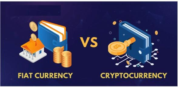 Illustration comparing fiat currency with coins and a bank building versus cryptocurrency with a digital wallet and Bitcoin symbol.